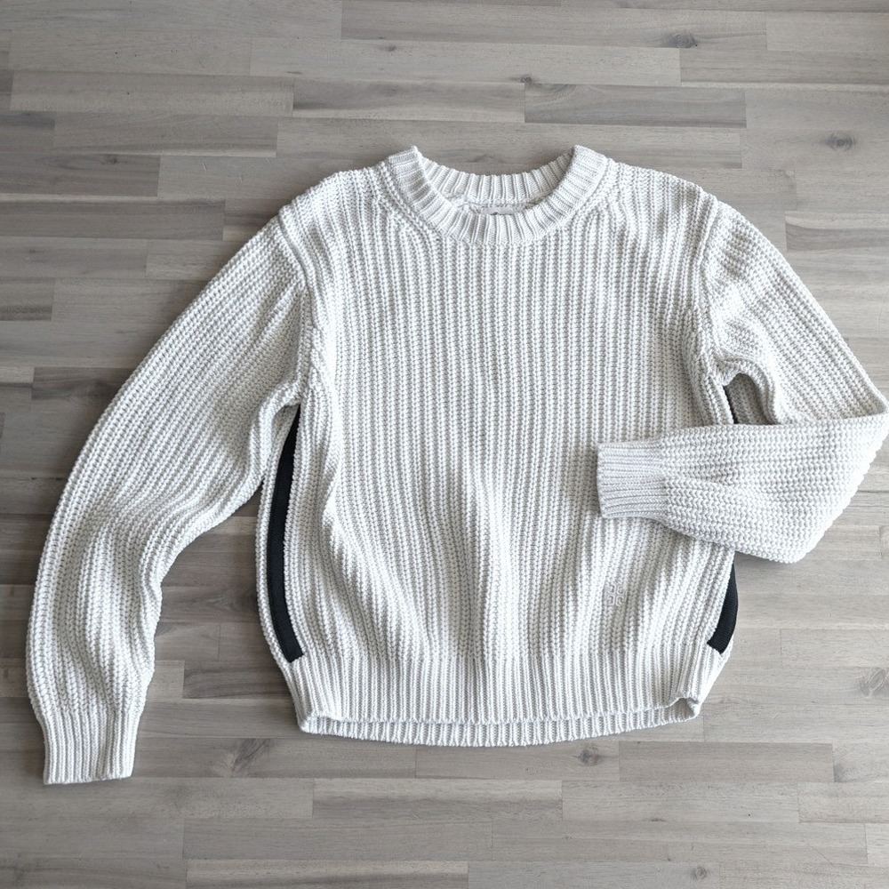 Tory Burch Sport Cream Rib Knit Cotton Sweater Side Stripe Logo Pullover‎ Small
